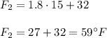 F_2=1.8\cdot 15+32\\ \\F_2=27+32=59^{\circ}F