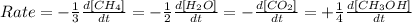 Rate=-\frac{1}{3}\frac{d[CH_4]}{dt}=-\frac{1}{2}\frac{d[H_2O]}{dt}=-\frac{d[CO_2]}{dt}=+\frac{1}{4}\frac{d[CH_3OH]}{dt}