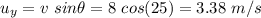 u_y=v\ sin\theta=8\ cos(25)=3.38\ m/s