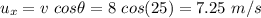 u_x=v\ cos\theta=8\ cos(25)=7.25\ m/s