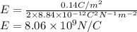 E = \frac{0.14C/m^2}{2\times 8.84 \times 10^{-12}C^2N^{-1}m^{-2}}\\E = 8.06 \times 10^9 N/C
