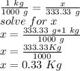 \frac{1\ kg}{1000\ g}= \frac{x}{333.33\ g}\\ solve \ for\ x \\x=\frac{333.33\ g*1\ kg}{1000\ g}\\x=\frac{333.33 Kg}{1000}\\ x=0.33\ Kg
