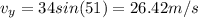 v_{y}=34sin(51)=26.42m/s