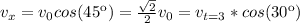 v_x=v_0cos(45\º)=\frac{\sqrt{2} }{2}v_0=v_{t=3}*cos(30\º) \\