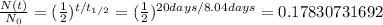 \frac{N(t)}{N_{0}}=(\frac{1}{2})^{t/t_{1/2}}=(\frac{1}{2})^{20days/8.04days}=0.17830731692
