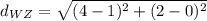d_{WZ}= \sqrt{(4-1)^2+(2-0)^2}