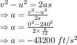 v^2-u^2=2as\\\Rightarrow a=\frac{v^2-u^2}{2s}\\\Rightarrow a=\frac{0^2-240^2}{2\times \frac{8}{12}}\\\Rightarrow a=-43200\ ft/s^2