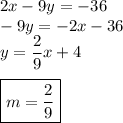 2x-9y=-36\\&#10;-9y=-2x-36\\&#10;y=\dfrac{2}{9}x+4\\\\&#10;\boxed{m=\dfrac{2}{9}}&#10;