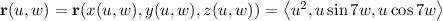 \mathbf r(u,w)=\mathbf r(x(u,w),y(u,w),z(u,w))=\left\langle u^2,u\sin7w,u\cos7w\right\rangle