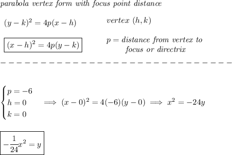 \bf \textit{parabola vertex form with focus point distance}\\\\&#10;\begin{array}{llll}&#10;(y-{{ k}})^2=4{{ p}}(x-{{ h}}) \\\\&#10;\boxed{(x-{{ h}})^2=4{{ p}}(y-{{ k}}) }\\&#10;\end{array}&#10;\qquad &#10;\begin{array}{llll}&#10;vertex\ ({{ h}},{{ k}})\\\\&#10;{{ p}}=\textit{distance from vertex to }\\&#10;\qquad \textit{ focus or directrix}&#10;\end{array}\\\\&#10;-----------------------------\\\\&#10;&#10;\begin{cases}&#10;p=-6\\&#10;h=0\\&#10;k=0&#10;\end{cases}\implies (x-0)^2=4(-6)(y-0)\implies x^2=-24y&#10;\\\\\\&#10;\boxed{-\cfrac{1}{24}x^2=y}