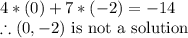 4*(0)+7*(-2)=-14\\\therefore (0,-2) \text{ is not a solution}