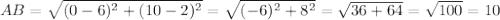 AB=\sqrt{(0-6)^2+(10-2)^2}=\sqrt{(-6)^2+8^2}=\sqrt{36+64}=\sqrt{100}=10