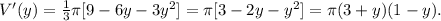 V'(y)= \frac{1}{3} \pi [9-6y-3y^2] =  \pi [3-2y-y^2] =  \pi (3+y)(1-y).