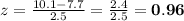 z= \frac{10.1-7.7}{2.5} = \frac{2.4}{2.5} =\bold{0.96}