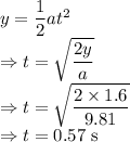 y=\dfrac{1}{2}at^2\\\Rightarrow t=\sqrt{\dfrac{2y}{a}}\\\Rightarrow t=\sqrt{\dfrac{2\times 1.6}{9.81}}\\\Rightarrow t=0.57\ \text{s}