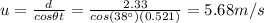 u=\frac{d}{cos \theta t}=\frac{2.33}{cos(38^{\circ})(0.521)}=5.68 m/s