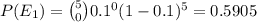 P(E_1)=\binom{5}{0}0.1^0(1-0.1)^{5}=0.5905