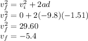 v_f^2 = v_i^2 + 2ad\\v_f^2=0+2(-9.8)(-1.51)\\v_f^2=29.60\\v_f=-5.4