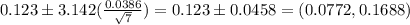0.123 \pm 3.142(\frac{0.0386}{\sqrt{7}} ) = 0.123 \pm 0.0458 = (0.0772,0.1688)