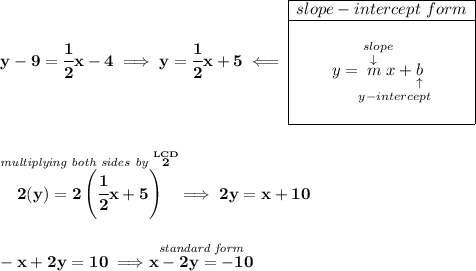 \bf y-9=\cfrac{1}{2}x-4\implies y=\cfrac{1}{2}x+5\impliedby \begin{array}{|c|ll} \cline{1-1} slope-intercept~form\\ \cline{1-1} \\ y=\underset{y-intercept}{\stackrel{slope\qquad }{\stackrel{\downarrow }{m}x+\underset{\uparrow }{b}}} \\\\ \cline{1-1} \end{array} \\\\\\ \stackrel{\textit{multiplying both sides by }\stackrel{LCD}{2}}{2(y)=2\left(\cfrac{1}{2}x+5 \right)}\implies 2y=x+10 \\\\\\ -x+2y=10\implies \stackrel{\textit{standard form}}{x-2y=-10}