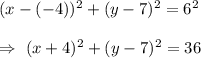 (x-(-4))^2+(y-7)^2=6^2\\\\\Rightarrow\ (x+4)^2+(y-7)^2=36