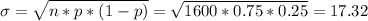 \sigma=\sqrt{n*p*(1-p)}=\sqrt{1600*0.75*0.25}=17.32