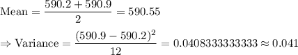 \text{Mean}=\dfrac{590.2+590.9}{2}=590.55\\\\\Rightarrow\text{Variance}=\dfrac{(590.9-590.2)^2}{12}=0.0408333333333\approx0.041