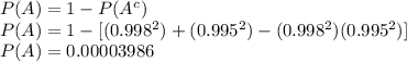 P(A) =1-P(A^{c})\\P(A) = 1-[(0.998^{2})+(0.995^{2})-(0.998^{2})(0.995^{2})]\\P(A) = 0.00003986