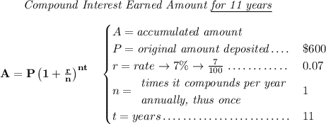 \bf ~~~~~~ \textit{Compound Interest Earned Amount \underline{for 11 years}} \\\\ A=P\left(1+\frac{r}{n}\right)^{nt} \quad \begin{cases} A=\textit{accumulated amount}\\ P=\textit{original amount deposited}\dotfill &\$600\\ r=rate\to 7\%\to \frac{7}{100}\dotfill &0.07\\ n= \begin{array}{llll} \textit{times it compounds per year}\\ \textit{annually, thus once} \end{array}\dotfill &1\\ t=years\dotfill &11 \end{cases}