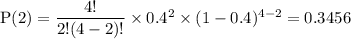 \rm P(2)= \dfrac{4!}{2!(4-2)!}\times 0.4^2 \times (1-0.4)^{4-2} = 0.3456