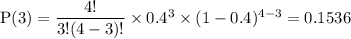\rm P(3)= \dfrac{4!}{3!(4-3)!}\times 0.4^3 \times (1-0.4)^{4-3} = 0.1536