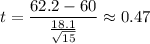 t=\dfrac{62.2-60}{\frac{18.1}{\sqrt{15}}}\approx0.47