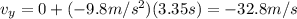 v_y = 0 + (-9.8 m/s^2)(3.35 s)=-32.8 m/s