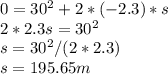 0=30^{2} +2*(-2.3)*s\\2*2.3s=30^{2} \\s=30^{2} /(2*2.3)\\s=195.65 m