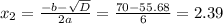 x_2= \frac{-b- \sqrt{D} }{2a}= \frac{70- 55.68}{6}=2.39