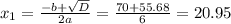 x_1= \frac{-b+ \sqrt{D} }{2a}=  \frac{70+ 55.68}{6}=20.95