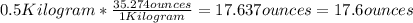 0.5Kilogram*\frac{35.274ounces}{1Kilogram}=17.637ounces=17.6ounces