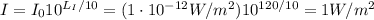 I=I_0 10^{L_I/10}=(1\cdot 10^{-12}W/m^2) 10^{120/10}=1 W/m^2