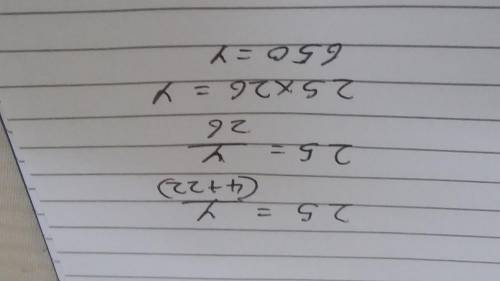 Solve equation below 25= y over 4 + 22