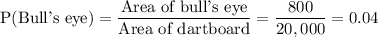 \text{P(Bull's eye)}=\dfrac{\text{Area of bull's eye}}{\text{Area of dartboard}}=\dfrac{800}{20,000}=0.04