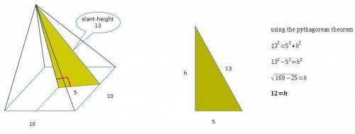 Find the volume of a square pyramid with slant height = 13cm, and base edges = 10cm