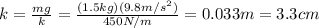k=\frac{mg}{k}=\frac{(1.5 kg)(9.8 m/s^2)}{450 N/m}=0.033 m=3.3 cm