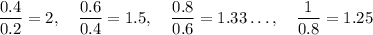 \dfrac{0.4}{0.2}=2,\quad \dfrac{0.6}{0.4} = 1.5,\quad \dfrac{0.8}{0.6} = 1.33\ldots, \quad\dfrac{1}{0.8}=1.25