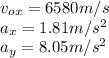 v_{ox}=6580m/s\\a_{x}=1.81m/s^2\\a_{y}=8.05m/s^2