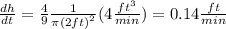 \frac{dh}{dt} =\frac{4}{9} \frac{1}{\pi {(2 ft)}^2} (4\frac{ft^3}{min})=0.14 \frac{ft}{min}