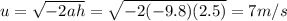 u=\sqrt{-2ah}=\sqrt{-2(-9.8)(2.5)}=7 m/s