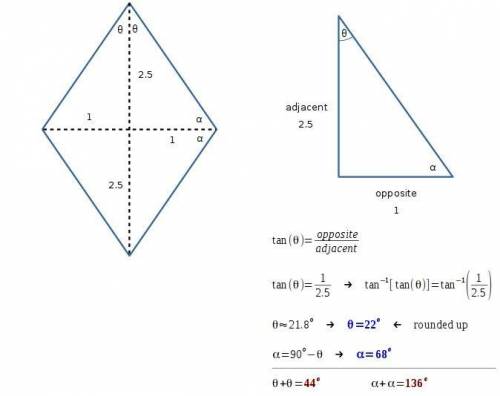 The lengths of the diagonals of a rhombus are 2 inches and 5 inches. find the measures of the angles