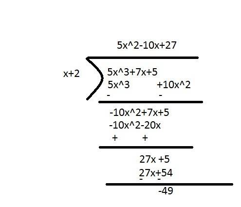 Find the remainder when f(x) = 5x3 + 7x + 5 is divided by x + 2.  a) –49  b) –7  c) 11 d) 59