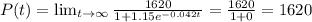 P(t)=\lim_{t\rightarrow \infty}\frac{1620}{1+1.15e^{-0.042t}}=\frac{1620}{1+0}=1620