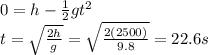 0 = h - \frac{1}{2}gt^2\\t=\sqrt{\frac{2h}{g}}=\sqrt{\frac{2(2500)}{9.8}}=22.6 s
